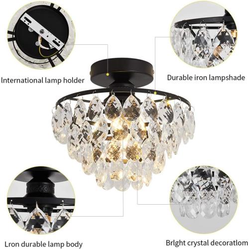 YYJLX Modern Small Crystal Ceiling Light Fixture Mini Black Semi Flush Mount Chandelier Light Fixture for Hallway Bedroom Bathroom Closet e26