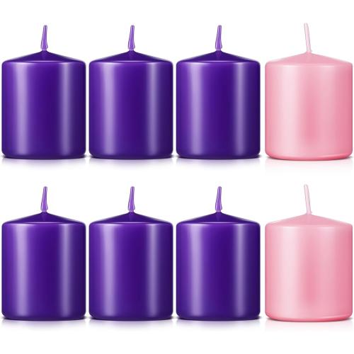 Amylove 8 Pcs 3 x 3 Inch Advent Pillar Candles Set Pink Purple Christmas Unscented Lasting Burning Church Candles for Advent Wreath Holiday Gifting