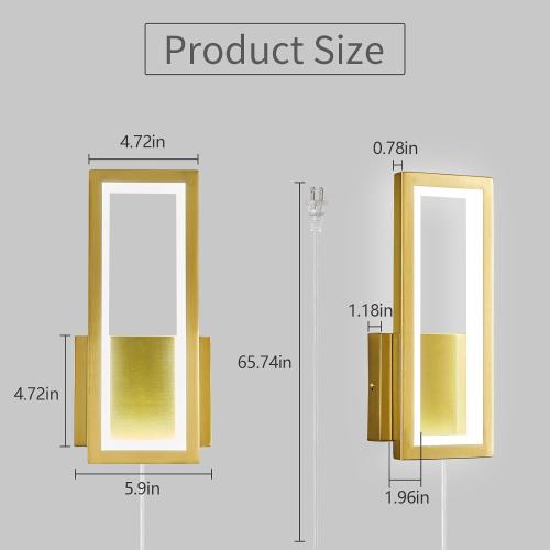 Modern Gold Plug in Wall sconces 18W Indoor LED Simple Wall Fixture 6000K Rectangle Vanity Wall Lights for Living Room Bedroom Hallway Stairs(1Pack)