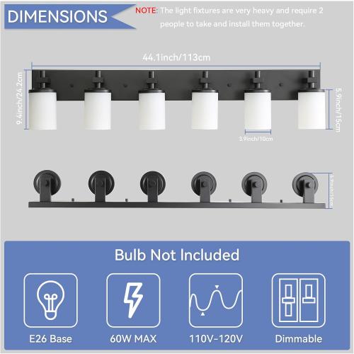 LOUSACE Bathroom Lighting Fixture Over Mirror, 6 Light Bathroom Vanity Lights Matte Black with Opal White Glass Shades, E26 Bulb Base, Wall Sconces Vanity Lighting Fixtures for Bathroom Living Room
