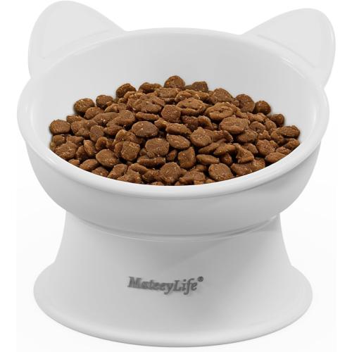 MateeyLife Raised Cat Bowls, Cat Food Bowl Elevated for Kittens & Small Dogs, 15°Tilted Protect Pets' Neck and Anti Vomiting, Whisker Friendly Food & Water Feeding Bowl, 6 oz Each - White