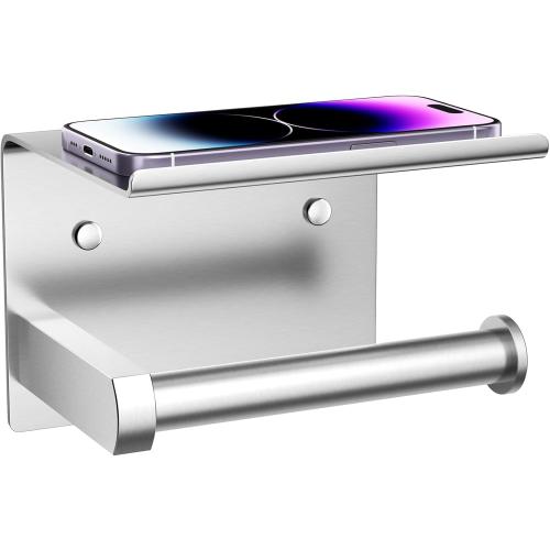 Tindbea Toilet Paper Holder with Phone Shelf, Adhesive or Screw Wall Mount Toilet Tissue Roll Holder, Rustproof & Multifunctional Stainless Steel Bathroom Storage Dispenser (Brushed Nickel)