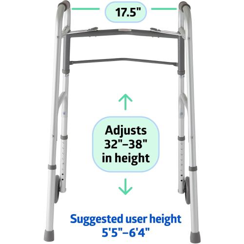 Color Grey Medline Lightweight Two Button Folding Walker with 5 Wheels, Aluminum Frame Supports up to 300 lbs