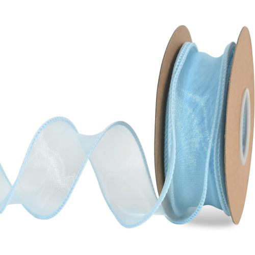 TONIFUL 1-1/2 Inch Wide Light Sky Blue Wired Chiffon Ribbon Sheer Organza Ribbons for Crafts Floral Bouquets Wedding Car Party Decorations Valentine's Day Gift Wrapping Bow Making Tree Wreaths