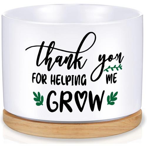 Newtay Teachers Appreciation Gift Thank You for Helping Me Grow Gifts Ceramic Succulent Pots Christmas White Flower Teacher Planter Pot with Bamboo Tray Succulent Accessories(1 Pcs,Fresh Style)
