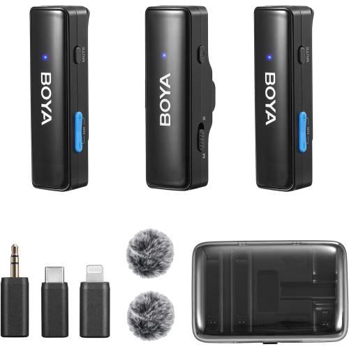 BOYA BOYALINK All-in-One Wireless Lavalier Microphone for iPhone Android DSLR Camera with Charging case, Noise Canceling, 2.4G Dual Channel Lapel Microphone System USB-C for Video Recording Vlogging
