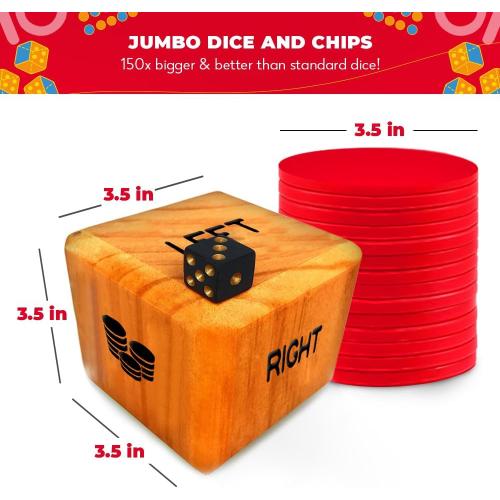 SWOOC Games® - Giant Right Center Left Dice Game (All Weather) with 24 Large Chips & Carry Bag - Jumbo Wooden Lawn Game - Big Backyard Games for Family - Indoor/Outdoor - Left Right Center Dice Set