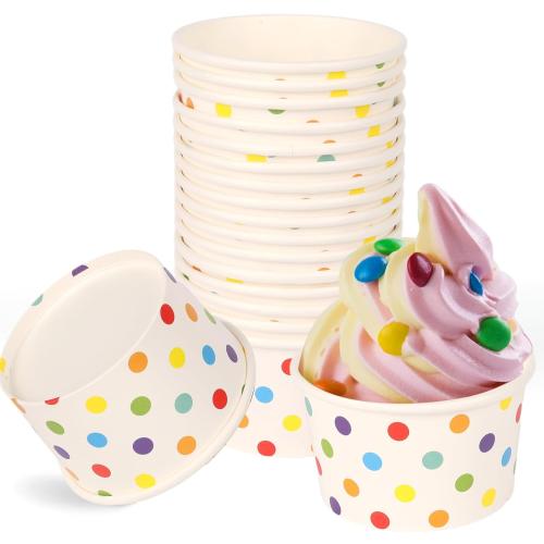 50 Pcs 5.5 oz Ice Cream Cups, Disposable Ice Cream Cups,Frozen Dessert Yogurt Cups, Paper Sundae Cups, Disposable Paper Dessert Bowls, Rainbow Polka Dots Party Supplies