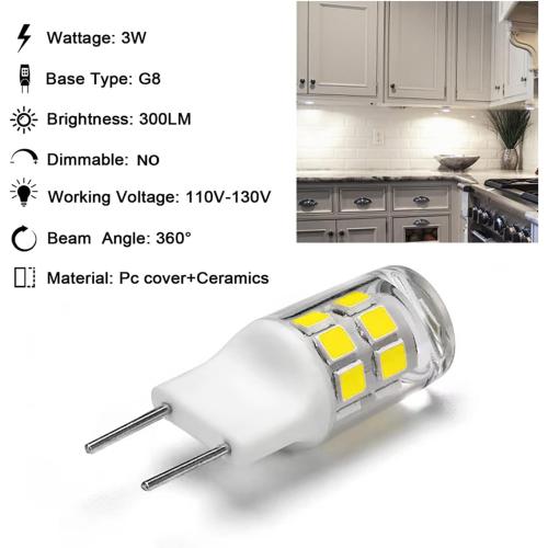 G8 LED Light Bulb, G8 GY8.6 Bi-pin Base, 3W 120V 20W 35W Halogen Replacement Bulb for Under Counter Kitchen Lighting, Under-Cabinet Light, Puck Light Daylight White 6000K（5-Pack）