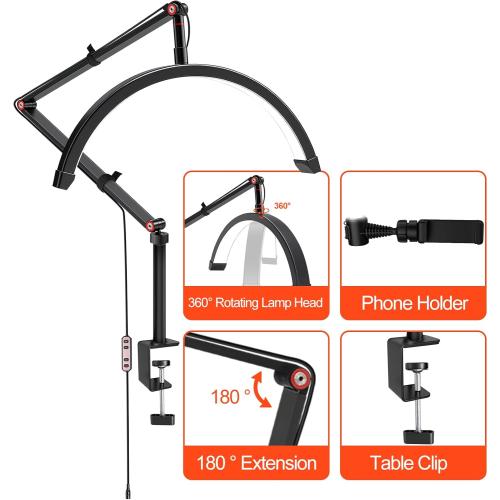 Professional LED Desk Lamp, Half Moon Light for Desk with Clip&Phone Holder, Esthetician Light with Adjustable 10-Level Dimming & 3 Color for Work,Office,Makeup,Nail Salon,Tattoo,Craft (Black)