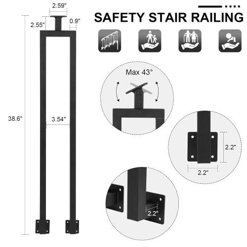 4 Pack U Shape 38.6 Stair Balusters with Adjustable Top Bracket for Staircase Interior, Side Mount Industrial Wrought Iron Balusters for Stair Handrail Porch Deck Railing Outdoor Steps