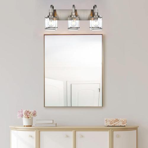 3-Light Bathroom Vanity Light Fixtures, Modern Vanity Lights with Clear Glass Shade Wall Light Brushed Nickel Wall Sconce Lighting for Living Room, Bedroom Kitchen Farmhouse