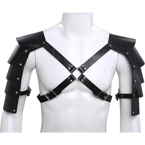 Men's Black Leather Corset Bondage Underwear PU Body Armor Brace Shoulder Armor With Arm Band Adult Clubwear Sexy Lingerie Cosplay BDSM Rave Clothing Faux Leather Bondage Suit (Style2)