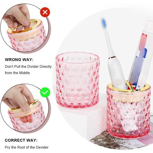 2pcs Pink Toothbrush Holders for Bathrooms, Glass Toothbrush Holder and Bathroom Tumbler Cup Set, Gold Bathroom Tooth Brush Cup Organizer for Brushes,Toothpaste and Razor