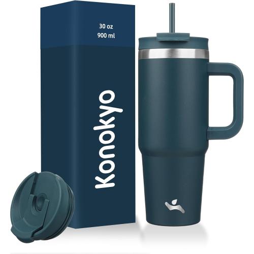 30 oz Tumbler with Handle and 2 Straws,2 in 1 Lid Insulated Water Bottle Stainless Steel Travel Coffee Mug,Navy blue
