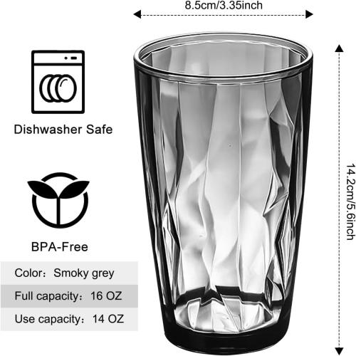 Top-spring Plastic Reusable Drinking Glasses Set of 8 | BPA-Free 16-Ounce Stackable Kitchen Plastic Water Tumblers Shatterproof Drinking Cups Grey