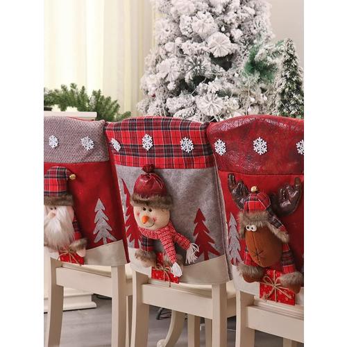 FQQWEE 4PCS Christmas Chair Covers, 3D Cute Plush Christmas Chair Back Covers, Xmas Dinner Chairs Cover, Christmas Dining Chair Slipcovers, Santa Claus, Snowman, Elk(#2)