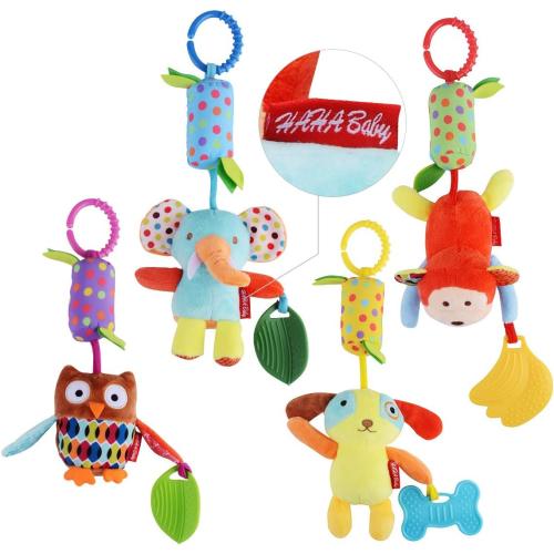HAHA Baby Toys for 0 3 6 9 to 12 Months, Soft Hanging Crinkle Squeaky Sensory Learning Toy Infant Newborn Stroller Car Seat Crib Travel Activity Plush Animal Wind Chime with Teether for Boys Girls
