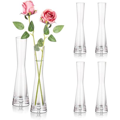Hewory Glass Bud Vases for Centerpieces Set of 6, Handmade Modern Clear Small Skinny Decorative Single Flower Vase, Minimalist Slim Floral Vase for Home Wedding Party Events Table Decor,