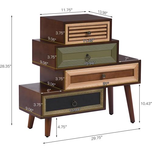 Ahokua Vintage Accent Chest with 4 Drawers, Asymmetrical Stacked Design, Multicolored Hand-Carved Decorative Rustic Cabinet for Living Room, Entryway