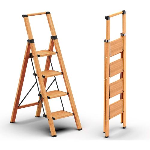 GameGem Folding Step Ladder, 4 Step Ladder with Anti-Slip and Wide Pedal, Lightweight Aluminum Step Stool with Handgrip, Space Saving Stepladder for Home and Kitchen, 300 lbs Capacity (Woodgrin
