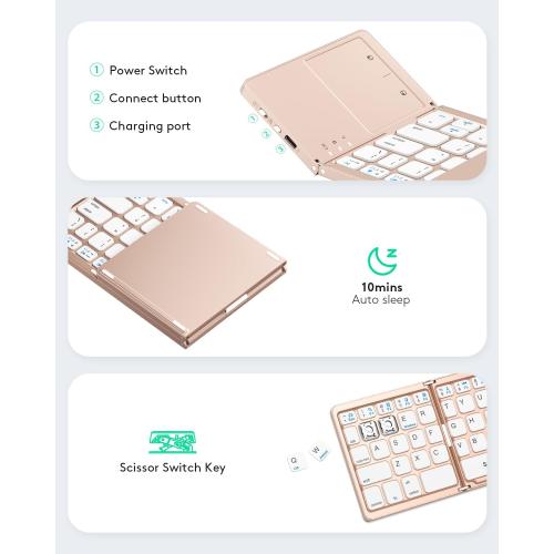 Samsers Foldable Bluetooth Keyboard with Touchpad - Portable Wireless Keyboard with Holder, Rechargeable Full Size Ultra Slim Pocket Folding Keyboards for Android Windows iOS Tablet & Laptop - Pink