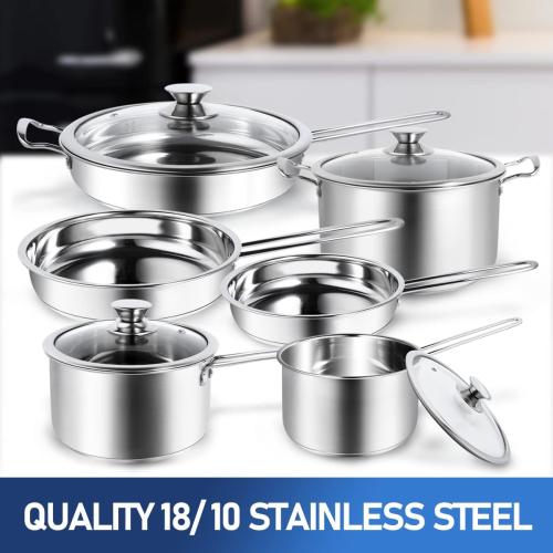 10-Piece Pots and Pans Set, Stainless Steel Cookware Set- Includes Ergonomic Handle Saucepans, Skillets, Dutch Oven, Stockpot, Steamer & More - Premium Pots and Pans for Home Chefs