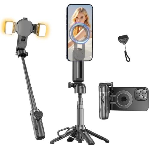 Magnetic Mini Phone Selfie Stick, Mag-Safe 4 in 1 Small Portable Pocket Tripod for iPhone/Android, with Removable Phone Clip, Remote & 2 Fill Light for Photograph/Live Streaming/Video Recording