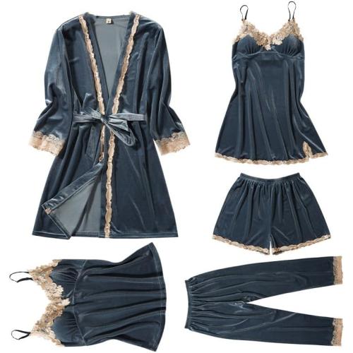 Sleepwear Women's Medium Autumn And Winter Long Sleeved Golden Velvet Nightgown Gown Five Piece Home Suit