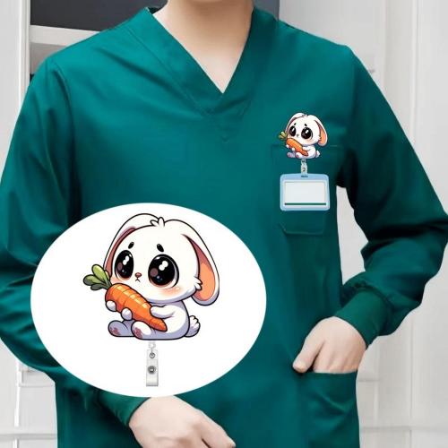 Easter Badge Holder Retractable Happy Bunny Badge Reel with Alligator Clip Funny Rabbit Holding Carrot ID Name Tag Acrylic Badge Reel for Students School Medical Assistant ID Badges Name Tag Card