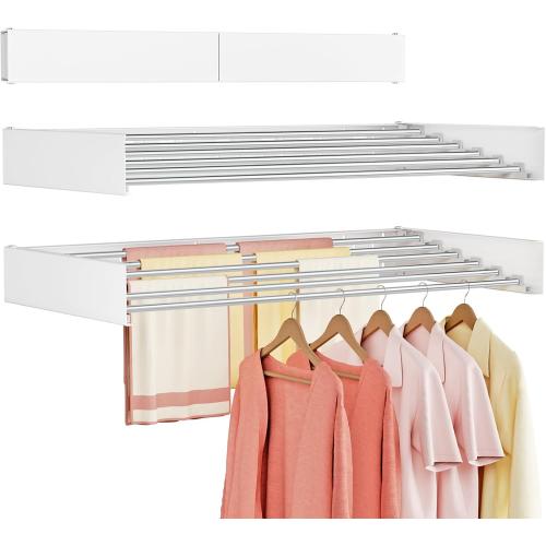 Wall Mounted Clothes Drying Rack Folding Indoor, Foldable Laundry Drying Rack Collapsible,Invisible, Space Saving, Retractable Towel Drying Rack, with Wall Template(6 Drying Rods, White 40)