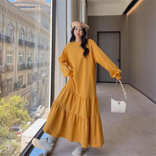 Women's 3XL Spring and Autumn Dresses Loose Cotton Solid Color Round Neck Long Sleeve Dresses