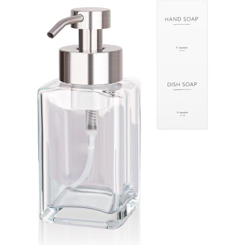 Foaming Soap Dispenser with Stainless Steel Pump, 12oz Refillable Glass Liquid Dish Soap Bottles for Bathroom, Kitchen Sink, Home Decor
