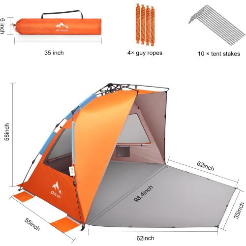 Orange 98.4x55x58Oileus XX-Large Beach Tent Sun Shelter for 5-6 Person Portable Sun Shade Instant Pop Up Tent for Beach with Carrying Bag, Stakes, 6 Sand Pockets, Anti UV for Fishing Hiking Camping, Waterproof
