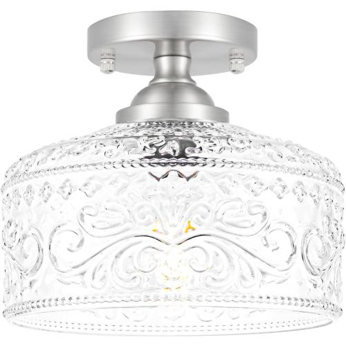 Brushed Nickel Semi Flush Mount Ceiling Light, Antique Ceiling Light with Glass, Indoor Close to Ceiling Light Fixture, Entryway Light Fixtures, Overhead Lighting Fixture for Hallway Kitchen Bedroom