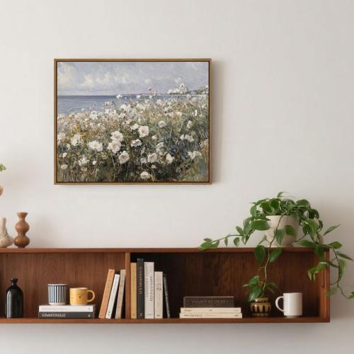 Framed Landscape Wall Art Blue Ocean Theme White Flower Pictures Wall Decor Abstract Floral Painting Prints Modern Seascape Artwork for Living Room Bedroom Bathroom Home Office Decoration