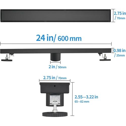 BLACK Linear Shower Drain with Tile Insert Panels, 24 Inch Black 304 Stainless Steel Rectangle Shower Floor Drain, with Hair Catcher, Adjustable Feet, Fits Bathroom, Balcony