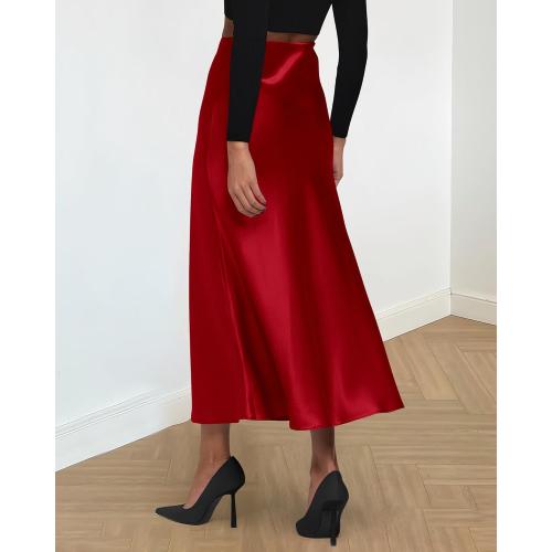 Size L....BTFBM 2026 Womens Spring Summer Long Satin Skirt Silk Elegant High Waist Cocktail Party Wedding Flowy A-Line Midi Skirts