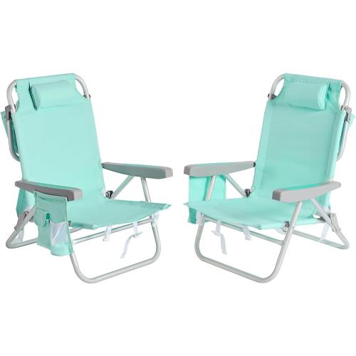 SUNNYFEEL Low Beach Chair 2 Pack, 5-Position Lay Flat Reclining, Backpack Portable Folding Chairs with Cooler Bag & Cup Holder, Heavy Duty 350 LBS, Compact for Beach, Camping, Travel‼️ light dirt spots‼️