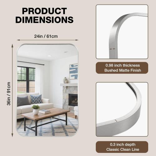 24x36 Bruhed Nickel Rectangle Vanity Bathroom Mirror, Set of 2 | Aluminum Alloy Frame, Clear Reflection, Rust-Resistant, Vertical or Horizontal, Wall Mount, Bedroom and Entryway
