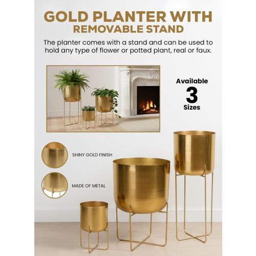 Serene Spaces Living Modern Mid‑Century Metal Indoor Planter with Stand, Gold Planter Pot, Indoor Plants – Decorative Planter Holder for Living Room, Kitchen & Office, 14 Diameter & 24 Tall