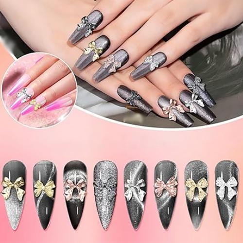 GSHLLO 120 Pcs Metal Bow Nail Charms 3D Bowknot Nail Art Charm Phone Case Decorating Charm Cute Flat Back Manicure Gems Jewels Sparkly Flatback Charms for Acrylic Nails