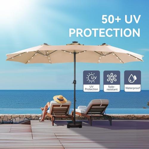 GREEN PARTY 15 ft Rectangle Patio Umbrella with Solar Lights and Base Included, Double-Sided Market Table Umbrella with Crank, Large Outdoor Umbrellas for Patio Poolside Garden Backyard, Beige