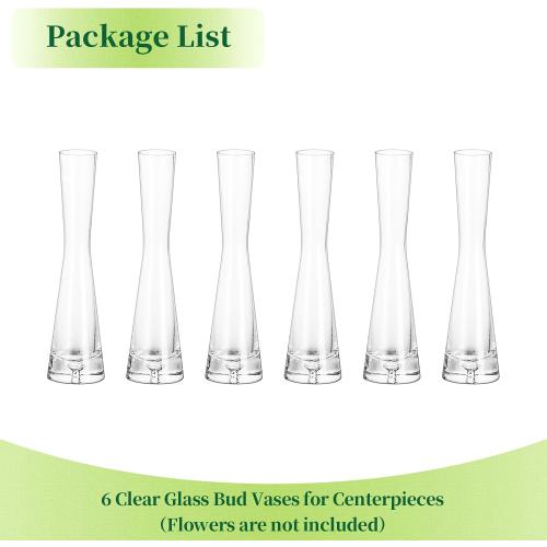 Hewory Glass Bud Vases for Centerpieces Set of 6, Handmade Modern Clear Small Skinny Decorative Single Flower Vase, Minimalist Slim Floral Vase for Home Wedding Party Events Table Decor,