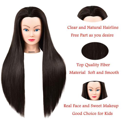 Morris 28Inch Mannequin Head With Synthetic Fiber Hair Styling Training Manikin Cosmetology Doll Head With Clamp Stand (Black)