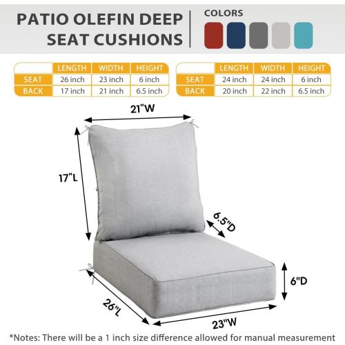 Sundale Outdoor Olefin Deep Seat Cushion, Patio Chair Cushion and Pillow, Water-Resistant Sectional Sofa Pad with Straps Light Gray, 23 x 26 x 6 Inches