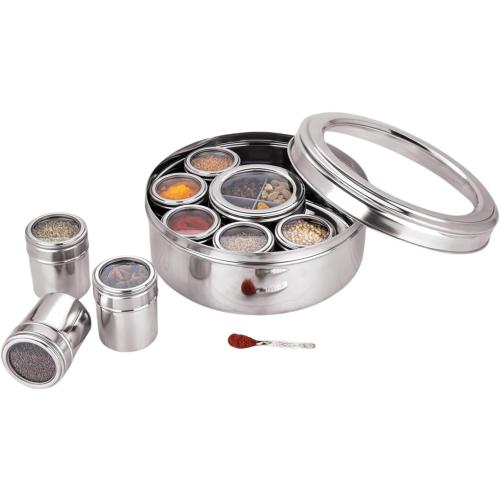 Silver 12 In 1 Stainless Steel Masala Box | Spice Box For Kitchen | Large Masala Dabba with See-Through Lid | Steel Masala Dani 2.5L Spice Organizer with 12 Compartment | 22.5cm