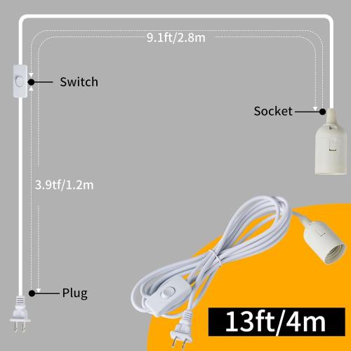 Plug in Hanging Light Kit, Extension Hanging Lantern Cord Cable UL 13ft E26 E27 Socket On/Off Switch Plug in Pendant Lighting, for Kitchen Bedroom Plant Growth Light，White, 1-Pack