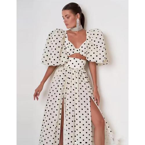 Size S...Maxi Polka Dot Dress for Women High Slit Corset Dress Lantern Sleeve Prom Dress Short Sleeve Backless Dress