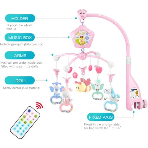 Baby Mobile for Crib with Musicial and Lights, Remote and Projection. Pack and Play Toys for Ages 0  Months (Pink-Bee)
